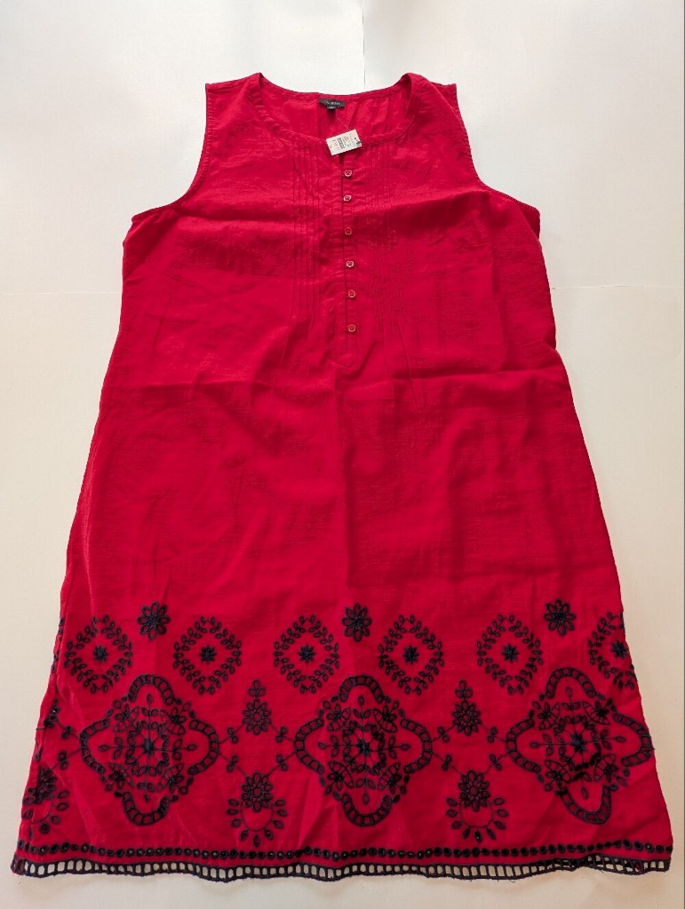 NWT Talbots Pintuck Linen Blend Embroidered Popover Dress, Size 16, Red and Blue